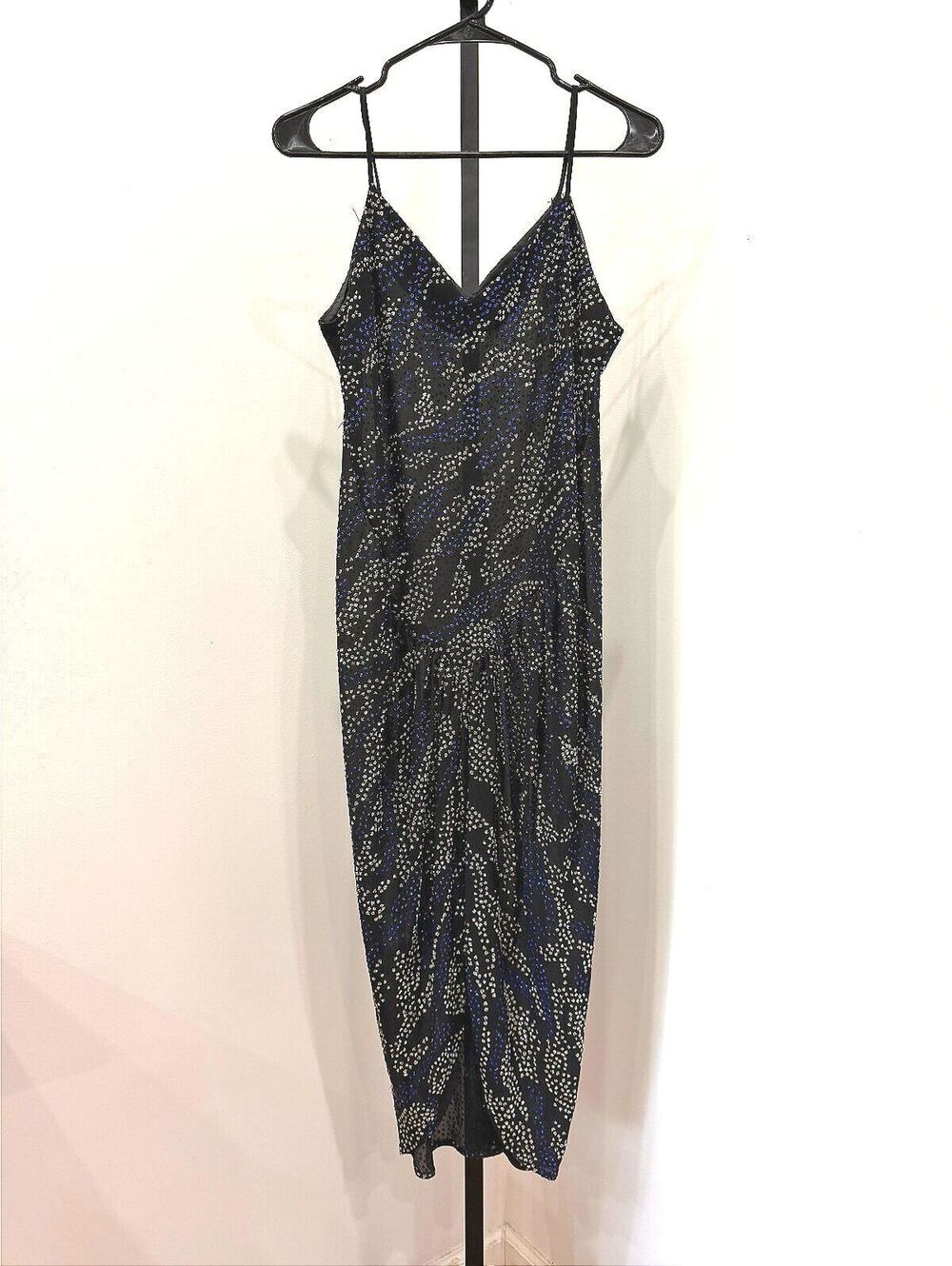 90s vintage m.j. carroll Black and Blue Spotted Midi Dress with Spaghetti Straps